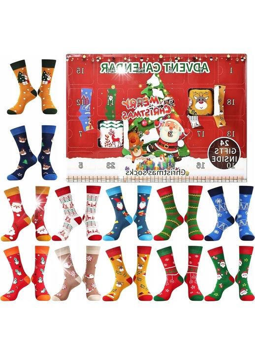 Коледен адвент календар дамски чорапи, комплект 24 чифта, 35-38 EU, многоцветни