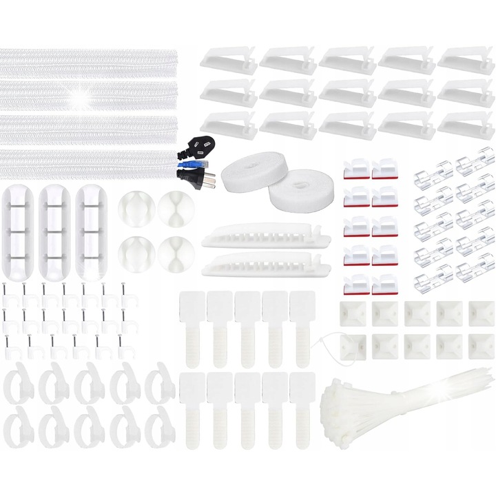 Комплект за организиране на кабели, 200+ елемента, бял, еластични и издръжливи материали