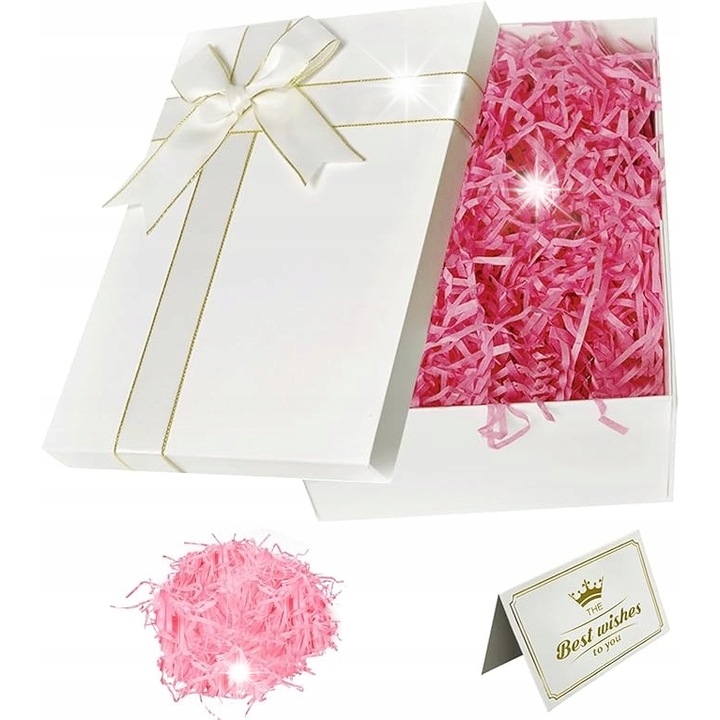 Cutie de cadou cu capac, funda si umplutura, set complet, alb, 25x18x8,5cm