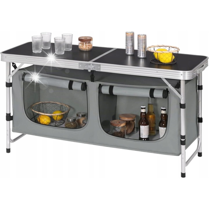 Masa camping, XL, design pliabil, gri + negru, 120x69x47cm, cu geanta de transport