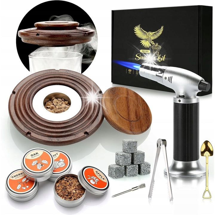 Комплект за опушване на коктейли, естествен, с аксесоари, 6 камъка за уиски, 4 аромата, буково дърво