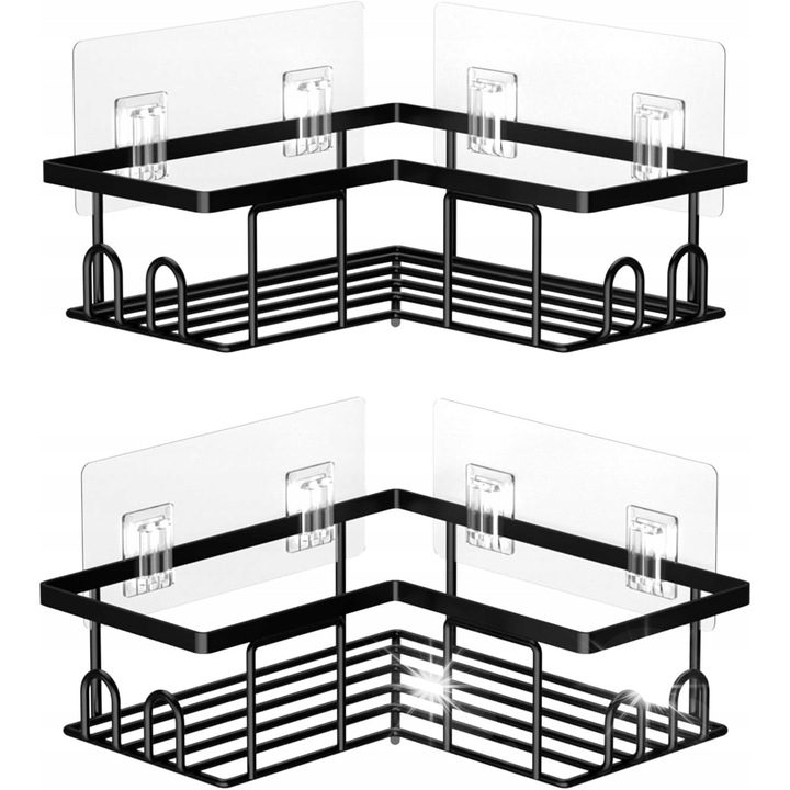 Set 2 suporturi coltare pentru baie, negru, rezistente la apa, fara gaurire