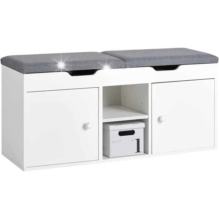 Cipőtároló pad szekrénnyel és 3 állítható polccal, fehér, szürke ülőpárnával, 100x48x34cm