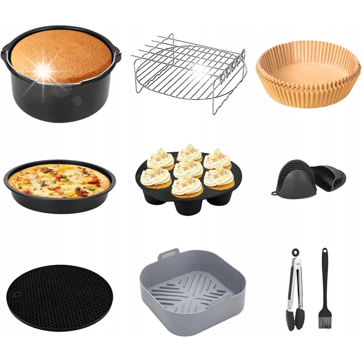Set accesorii pentru friteuza, 10 piese, materiale sigure pentru alimente, usor de curatat, 20cm