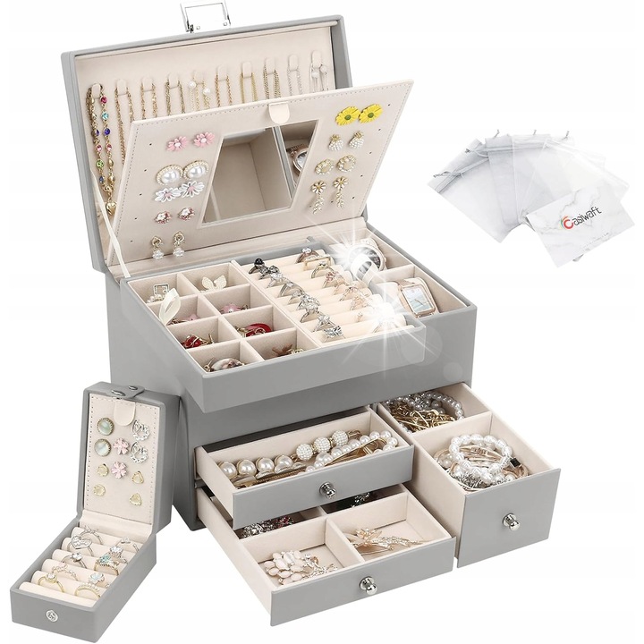 Ékszerdoboz, 4 szintes, 3 fiókos, elegáns design, többszínű