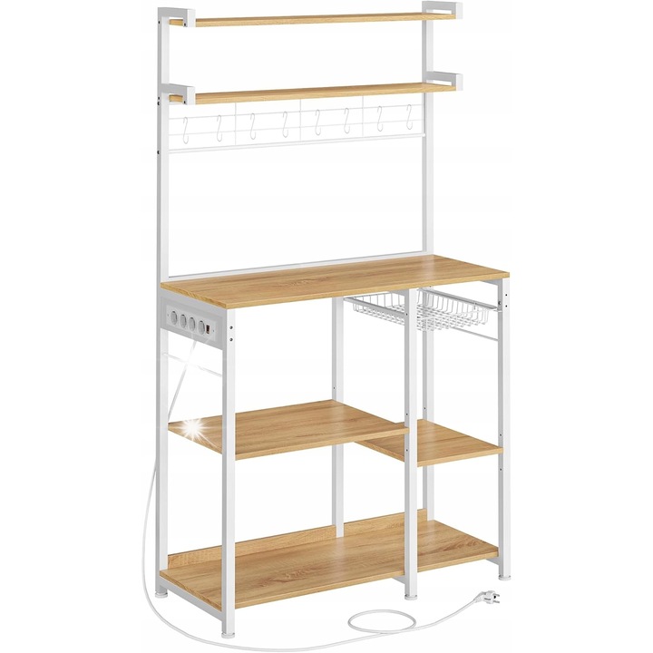 Többfunkciós konyhai polc töltőállomással, 4 aljzattal, 8 kampóval, világosbarna színben