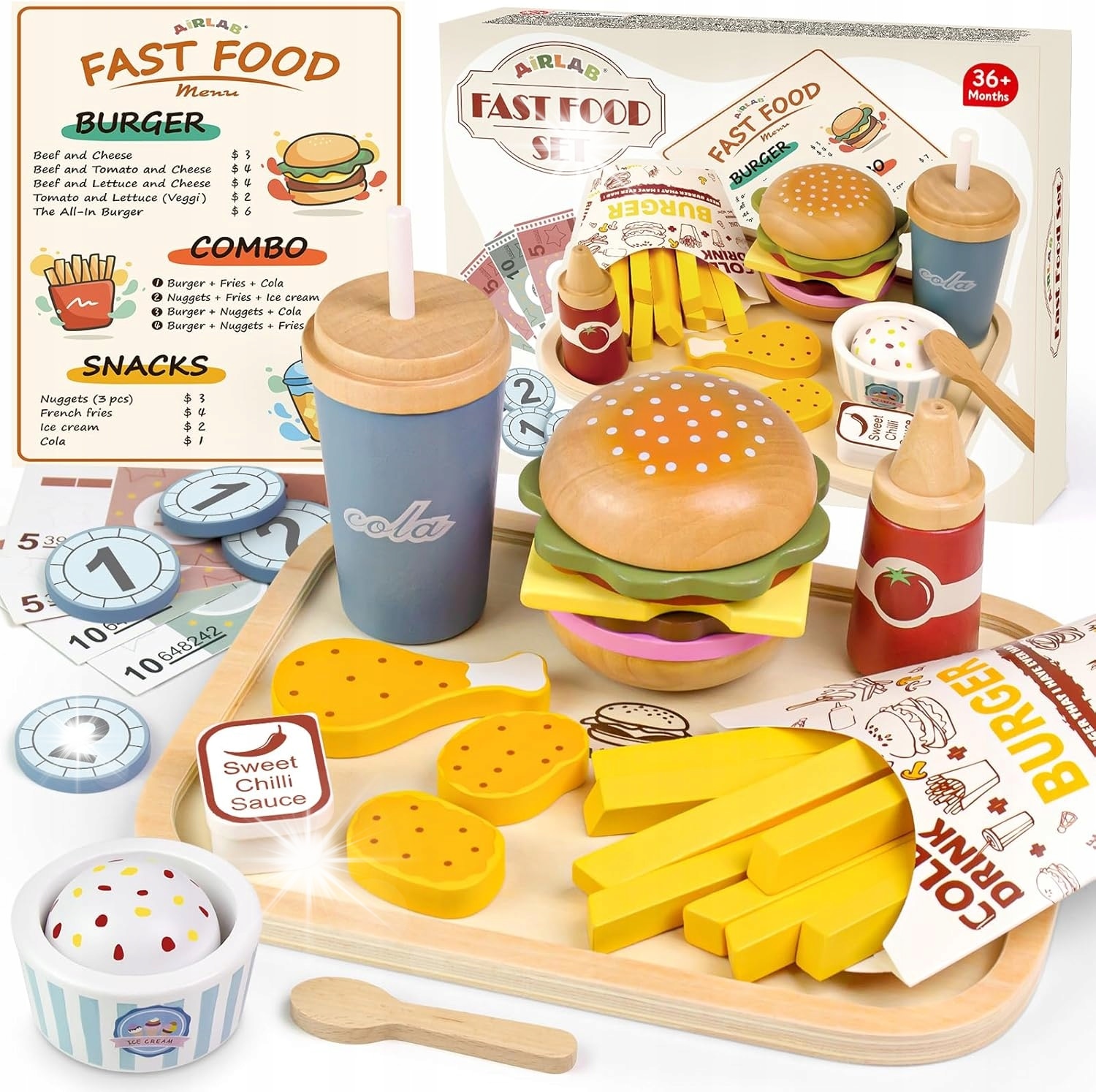 Set jucarii din lemn pentru copii, hamburger fast food, multicolor