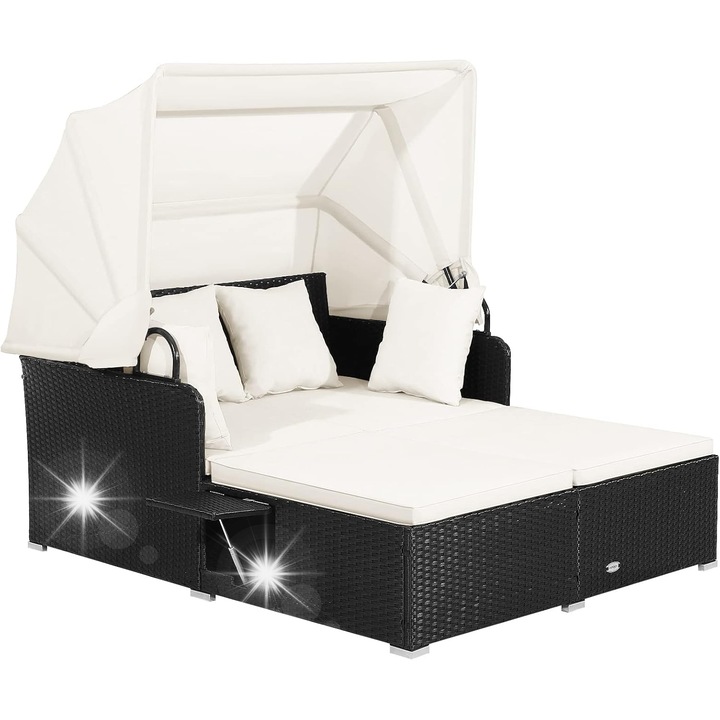 Двоен шезлонг за градина с навес, за 2 души, полиратан, размери 25x19,5 см, с удобни възглавници