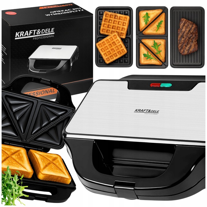 Opiekacz electric 3 in 1, 1500W, gofrownica, grill, toster, set cu 3 placi interschimbabile, compact