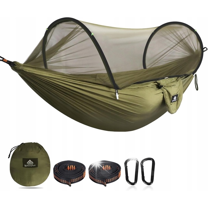 Hamak turistic ultrausor cu moskitiera, 300kg capacitate, 2,7x1,4m, set cu accesorii
