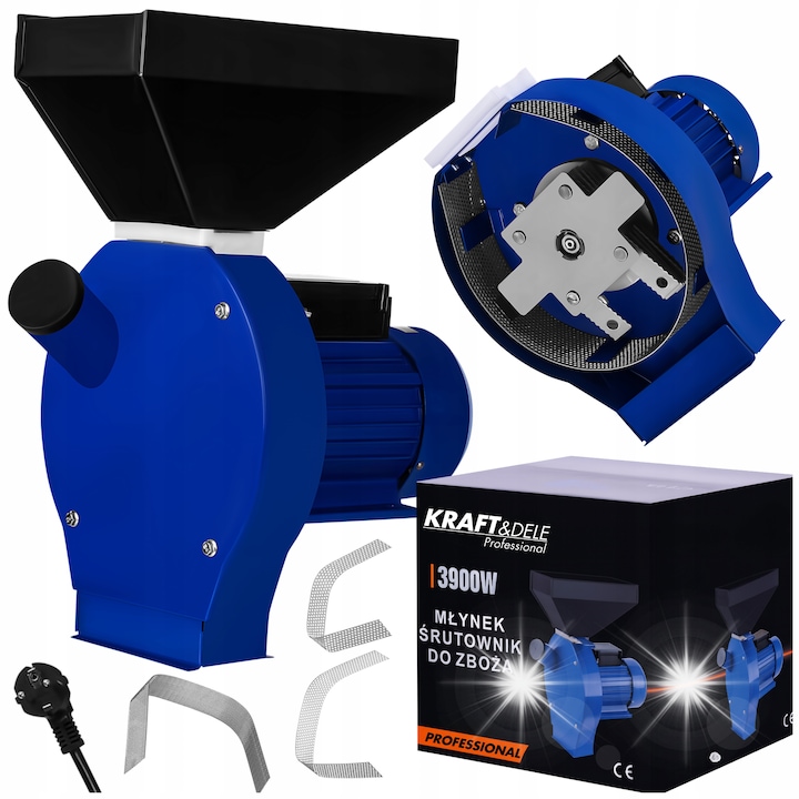 Електрическа мелничка за зърно Macinator 3900W, 3 сменяеми сита, храна за животни, многоцветна