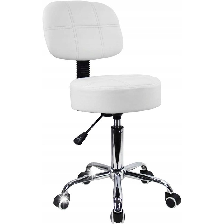Въртяща се табуретка с облегалка, индустриален дизайн, регулируема височина 50,5-64 см, бял цвят, капацитет 135 кг