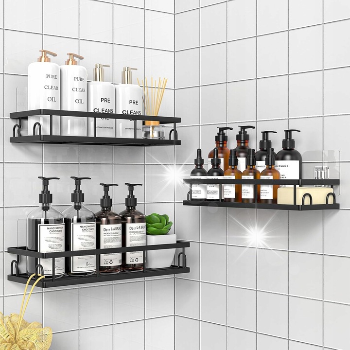 Set 3 rafturi pentru baie, rezistente la apa, negru, montare fara gaurire