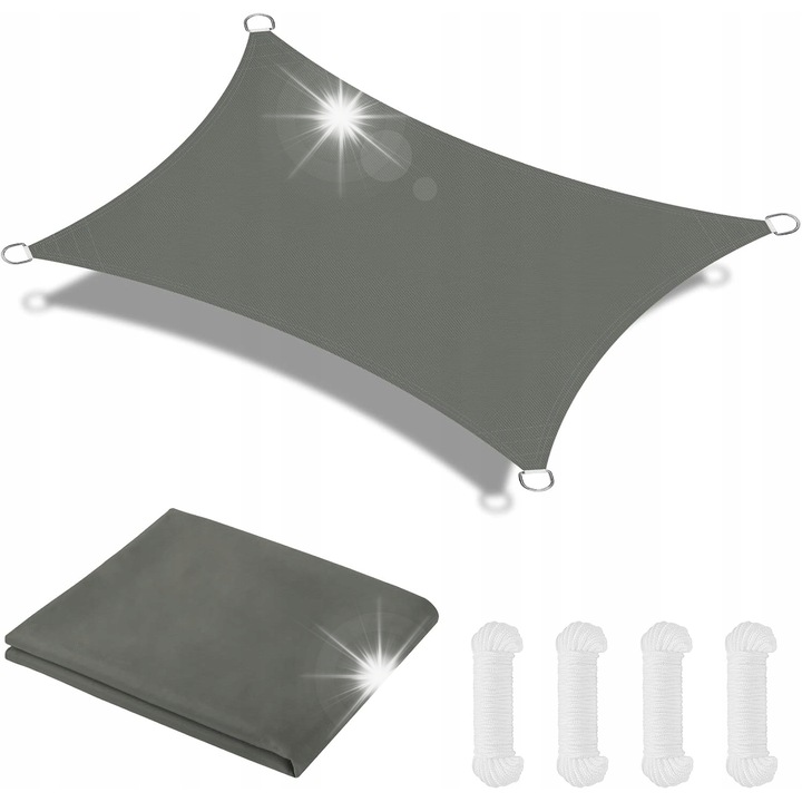 Триъгълен сенник, 2x3м, сив, водоустойчив, 160 гр/м, комплект с 4 въжета и D-пръстени