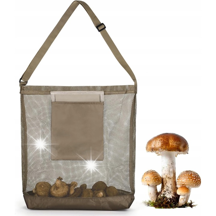 Geanta de umar pentru ciuperci, mare, bej, usoara, pliabila, cu buzunare suplimentare
