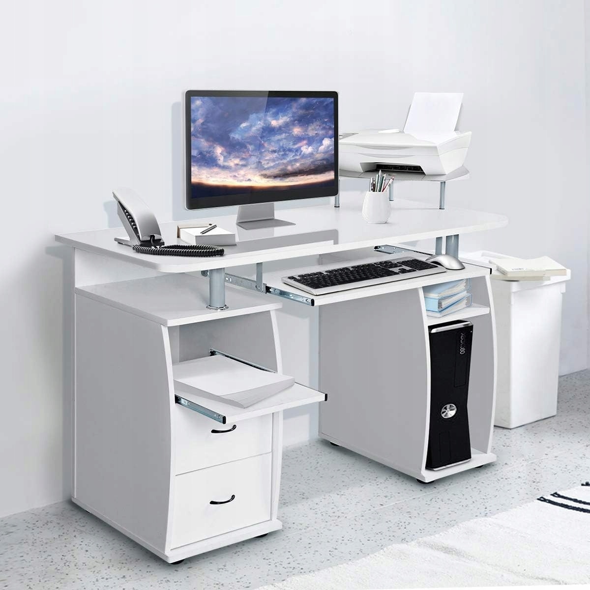 Birou Computer Birou computer, 120x55x76cm, alb, cu polita pentru imprimanta si ...