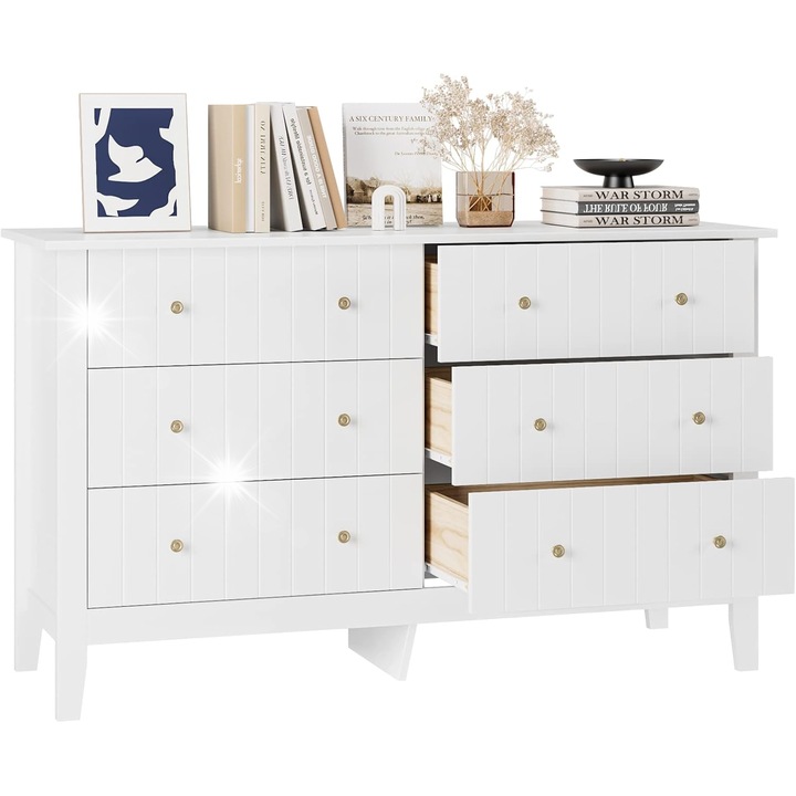 Бял скрин с 6 чекмеджета, модерен дизайн, 133x45x79,5 см, за всекидневна, спалня, офис