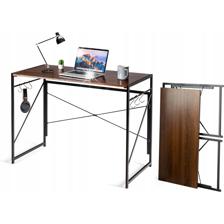 Birou pliabil, 100x50x75 cm, brun, cu suport metalic, pentru spatii mici