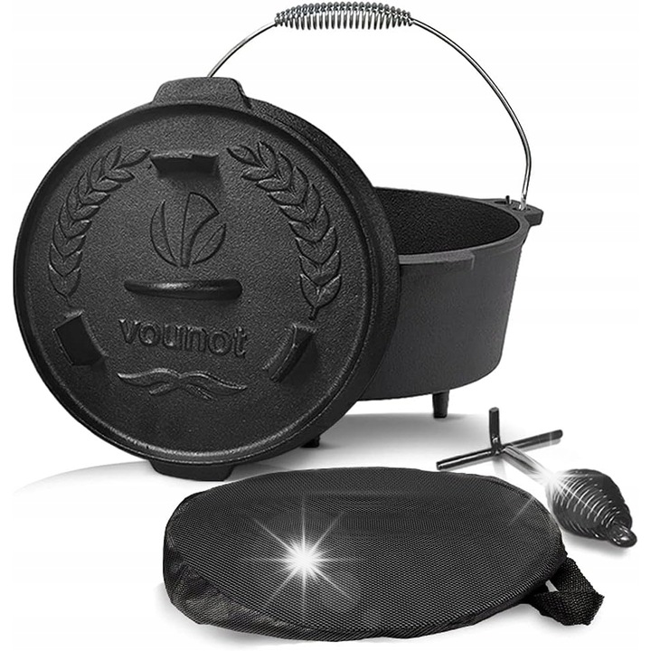 Oala din fonta 4,25l, cu capac, pentru gatit la foc deschis, 23,8cm, 5,55kg