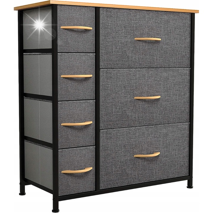 Comoda cu 7 sertare, metalica si MDF, gri inchis cu rama alba, dimensiuni 64x30x72cm