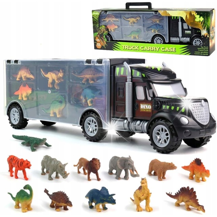 Комплект фигурки на динозаври и животни, камион с функция за съхранение, 12 фигурки, 39x8.2x11.5см