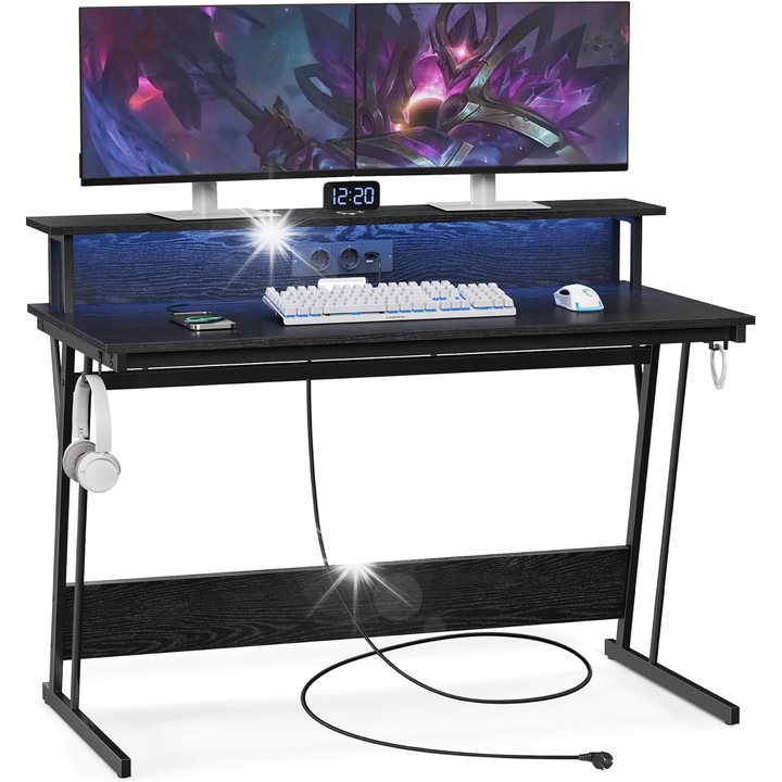 Геймърско бюро с LED, 120x60x76 см, 2 контакта + 2 USB порта, черно