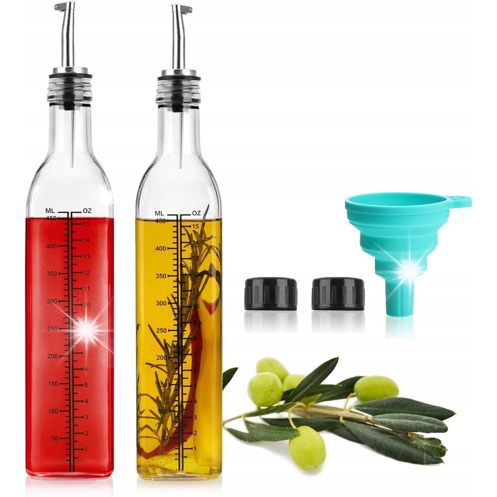 Set dozatoare pentru ulei si lichior, 2 sticle din sticla 450ml, transparent, argintiu, negru, turcoaz