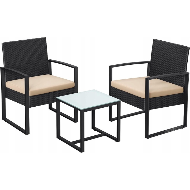 Set de Mobilier Gradina, 2x Scaune si Masa, Culoare Negru-Bej, Dimensiuni Scaun: 53x57,5x76cm, Dimensiuni Masa: 42x40x39cm