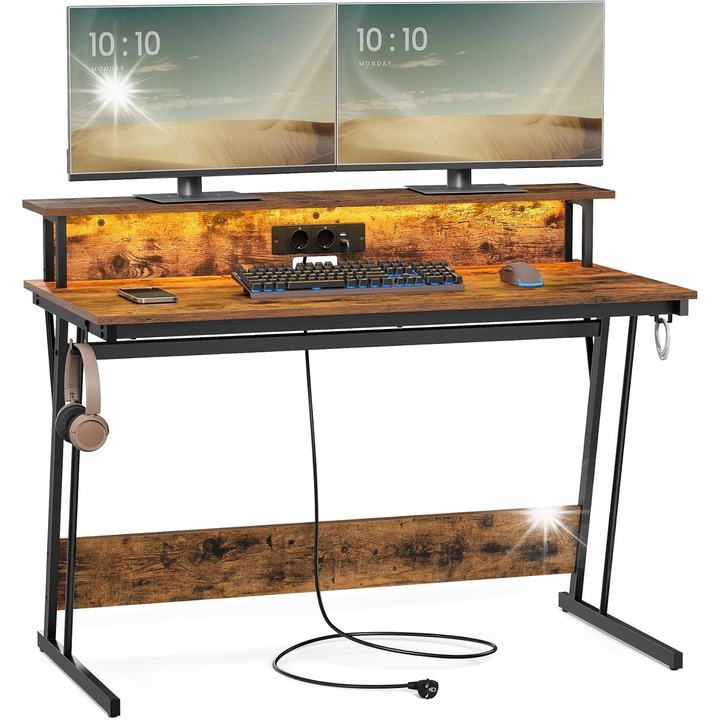 Геймърско бюро, 120x60x76 см, LED осветление, ергономична опора, черно