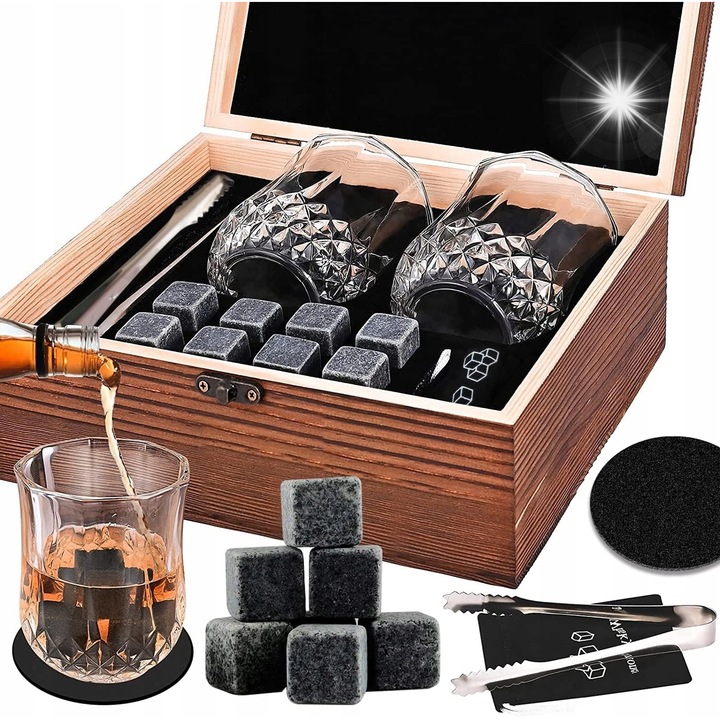 Set whisky, 8 granituri, 2 pahare cristal, 300ml, torba catifea
