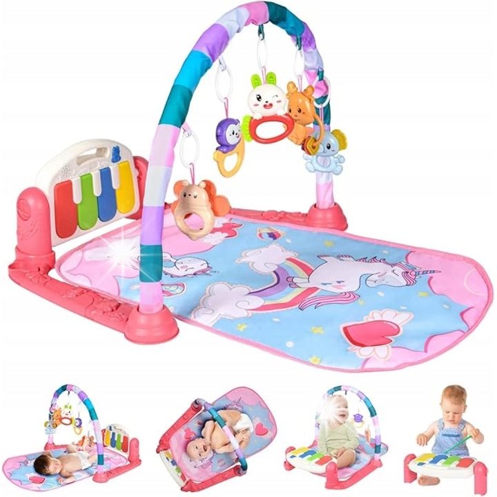 Covor educational interactiva pentru copii, 5 jucarii suspendate, pian muzical, multicolor, 80x80cm