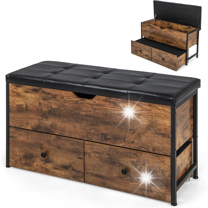 Banca pentru incaltaminte, cu sertare, metal si lemn, negru-maro, 100x40x45cm