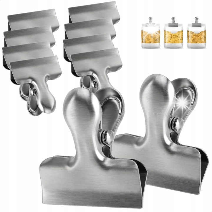 Set 10 cleme de inchidere pentru ambalaje, din inox, argintii, 4x4cm