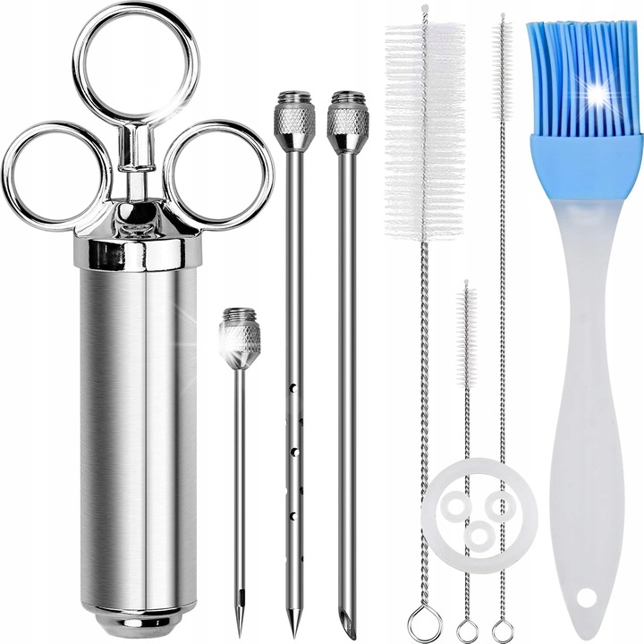 Set ustensile gratar, 12 piese, stralucire din inox, accesorii pentru marinare, 3 ace, 3 perii, 4 garnituri, 1 pensula