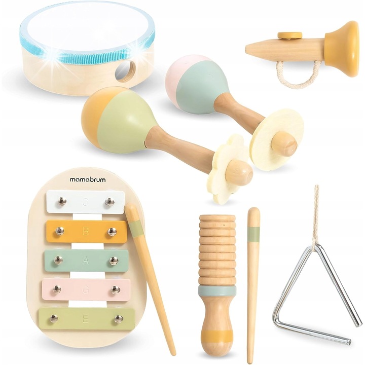 Set de instrumente muzicale din lemn pentru copii, 9 piese, ecologic, 18 luni+