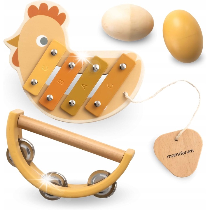 Fából készült hangszerkészlet gyerekeknek, csibemotívum, tamburin, 2 csörgő, xilofon, 12 hónapos+