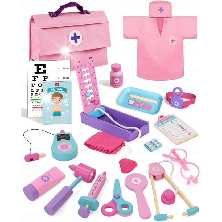 Set joaca doctor, EFO SHM, valiza, 10 piese, din lemn, pentru copii 3+ ani