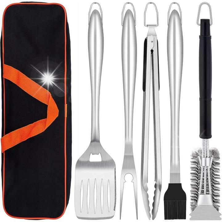 Set ustensile gratar 6 in 1, Herogo, inox, cu torba de transport