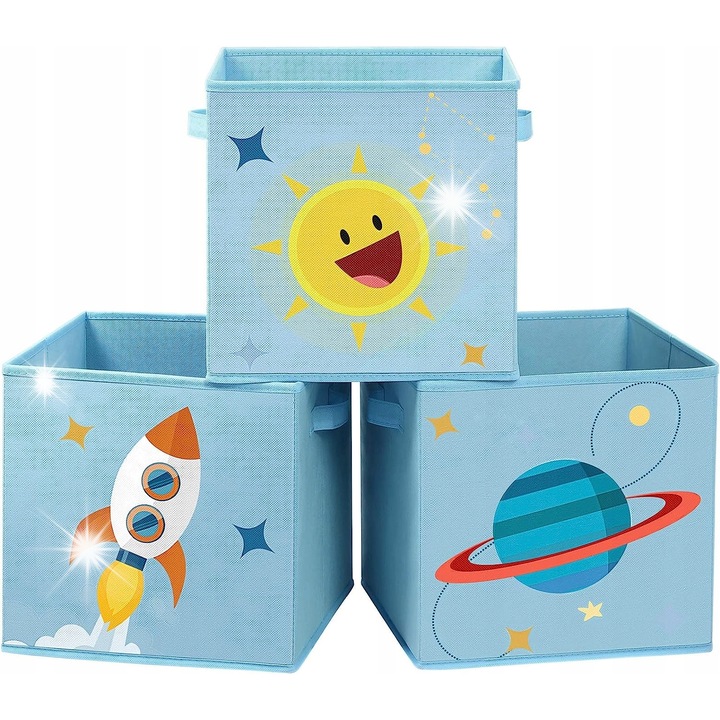 Set 3 cutii depozitare pentru jucarii, 30x30 cm, multicolor, materiale rezistente, pliabile