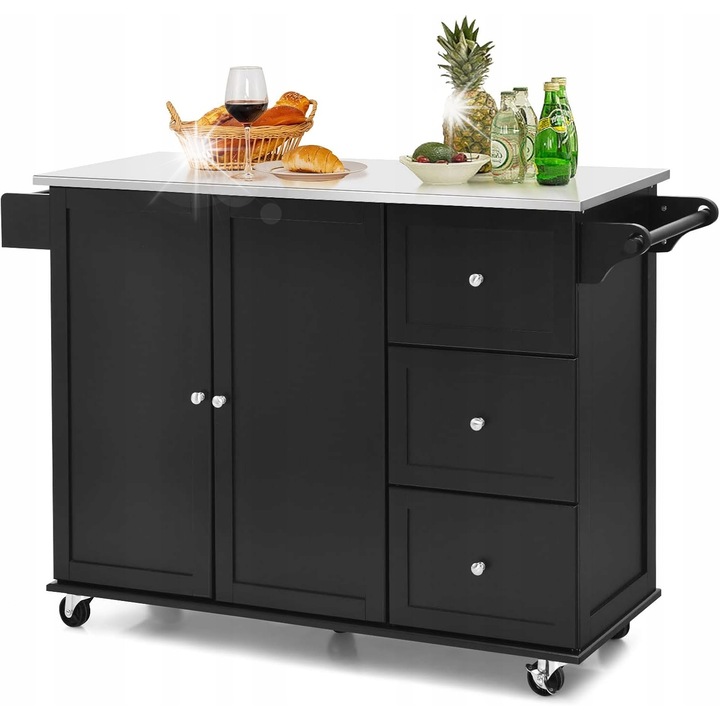 Konyhai kocsi, 90x45x85cm, 3 fiók, 2 ajtó, fekete, mobil, 5 kerékkel