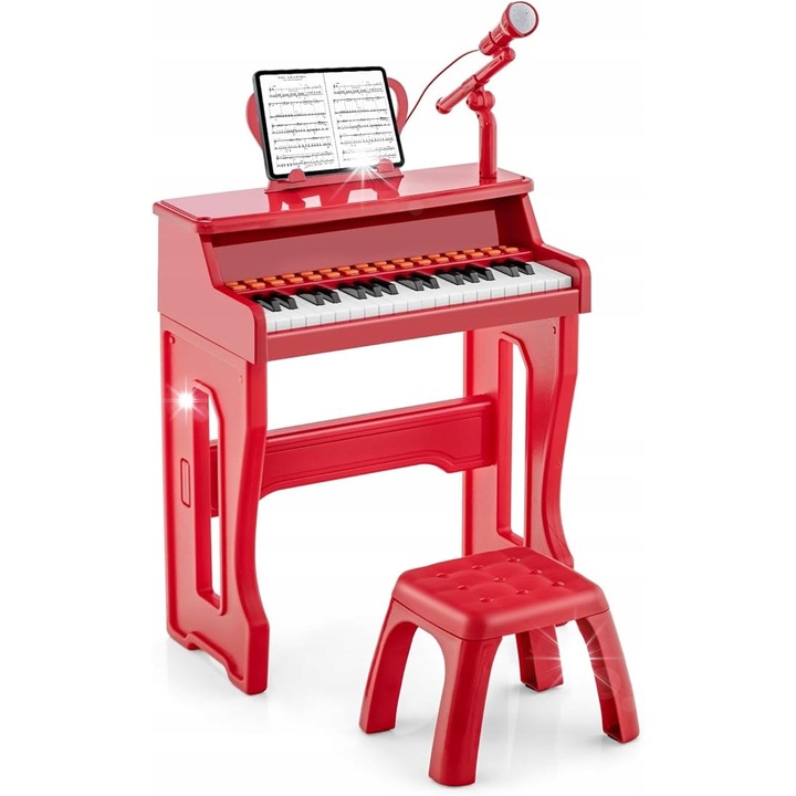 Elektronikus gyerekzongora, 37 billentyű, mikrofonnal és székkel, piros, 3 éves kortól ajánlott méretekkel