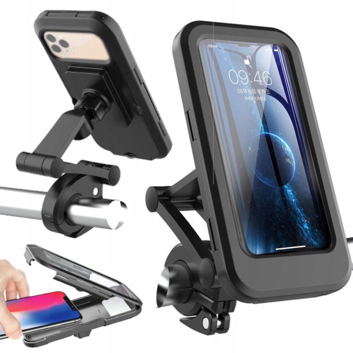 Suport telefon motocicleta, impermeabil, montare pe ghidon 22-28mm, dimensiuni interioare 175x82x14mm, pentru telefoane pana la 6,5 inch