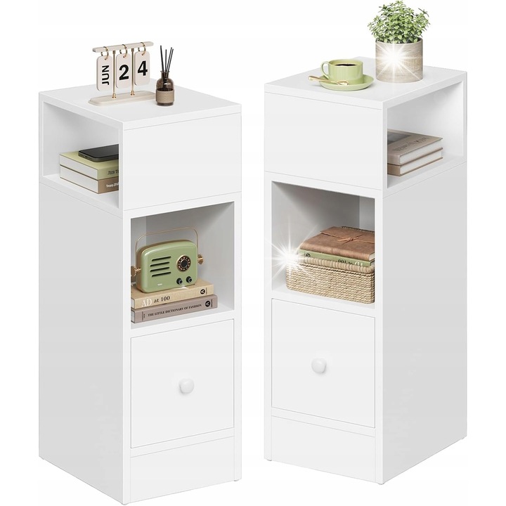 Set 2 Mese tip Noptiere, Alb, 25x66x30cm, cu Suport pentru Obiecte