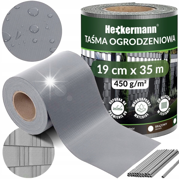 Banda gard, 19cm x 35m, gri, rezistenta la UV, cu 20 de clipsuri de montaj