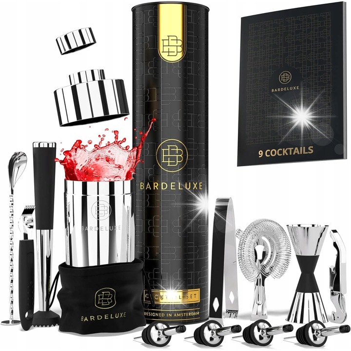 Комплект за бармани, шейкър, аксесоари от неръждаема стомана 304, ергономичен дизайн, елегантна кутия