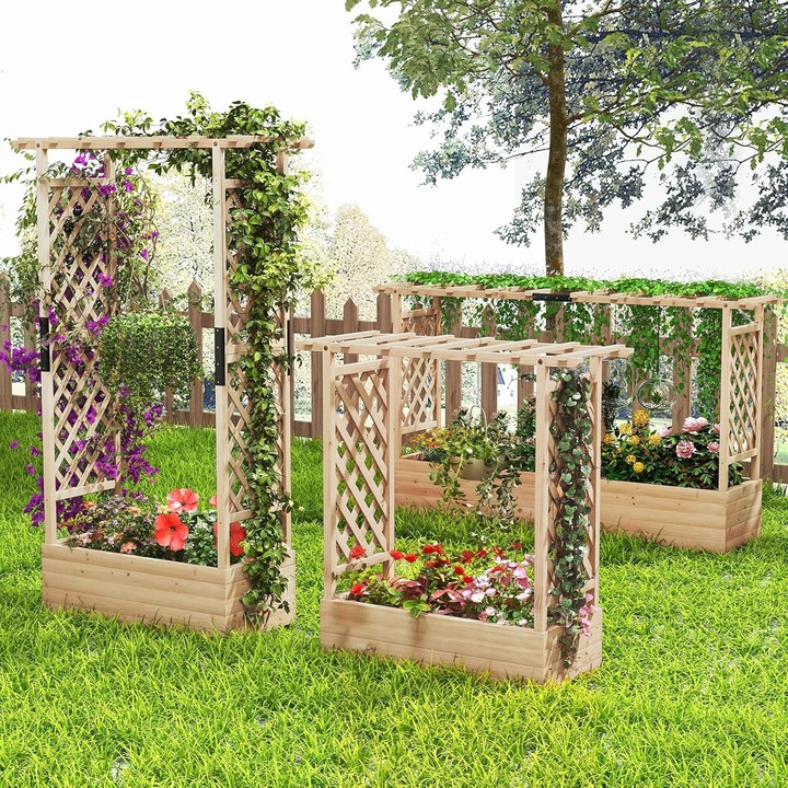 Ghiveci din lemn cu pergola, dimensiuni mari, sistem de drenaj eficient, lemn natural