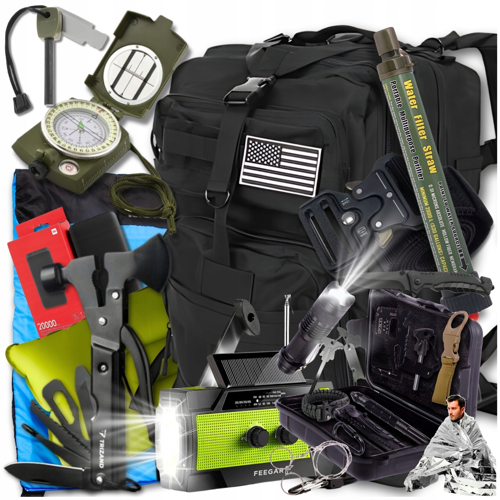 Set de supravietuire 2XL cu rucsac militar 38L, sac de dormit