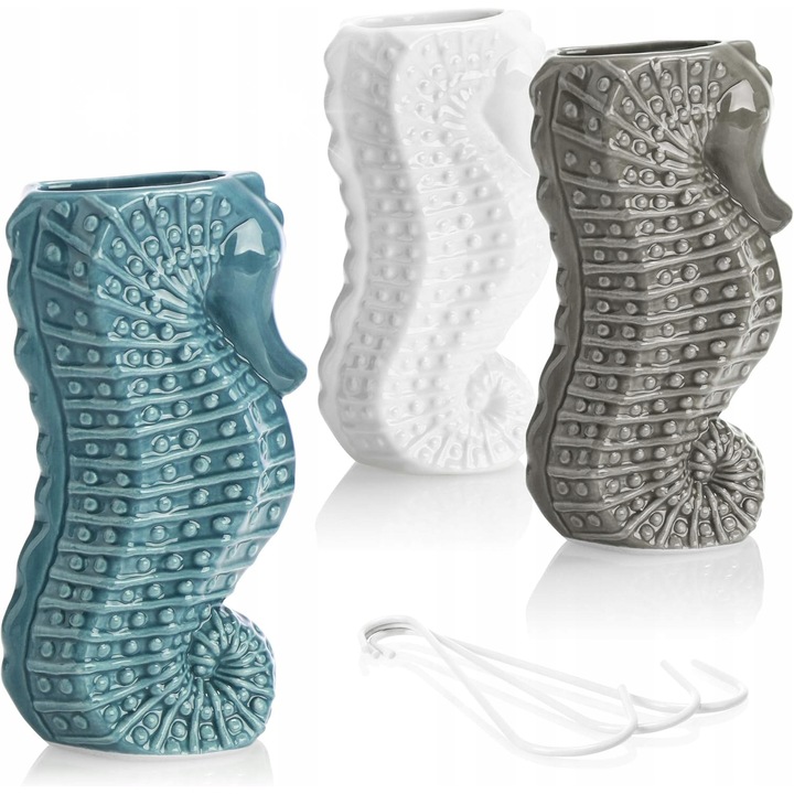 Set 3 Umidificatoare Ceramice cu Motif Konika Morskiego, Alb, Gri, Benzina, 19x7,5x3,8cm