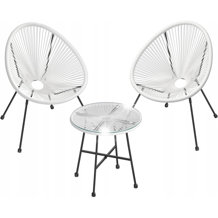 Set mobilier gradina, 2x scaune si masa, alb, rattan PE, dimensiuni masa 50,5x52cm, dimensiuni scaun 64x65x77cm
