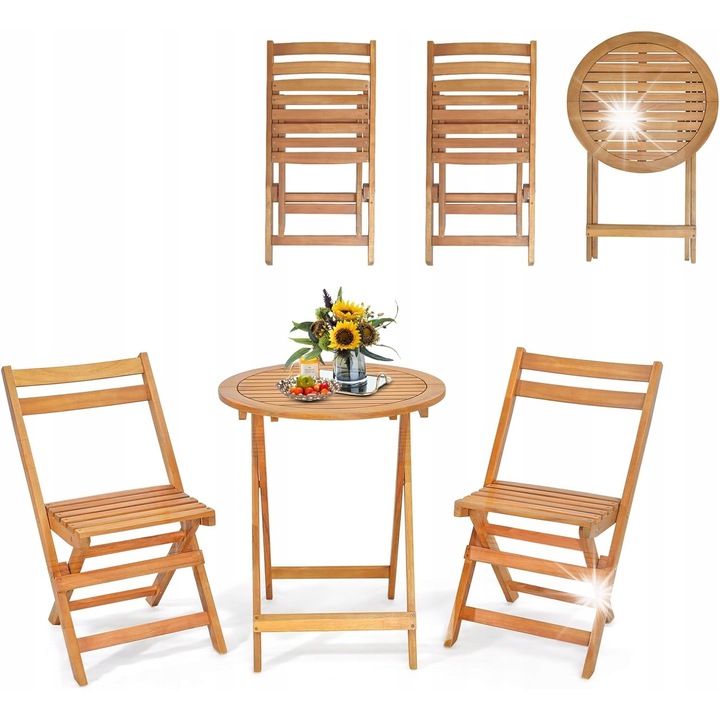 Set mobilier gradina, masa si 2 scaune, lemn de acacia, design ergonomic, pliabil